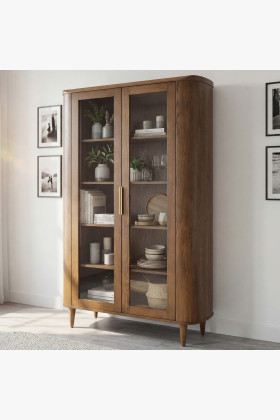 Kétajtós üveges dió színű vitrin prémium tölgyfa és MDF anyagból